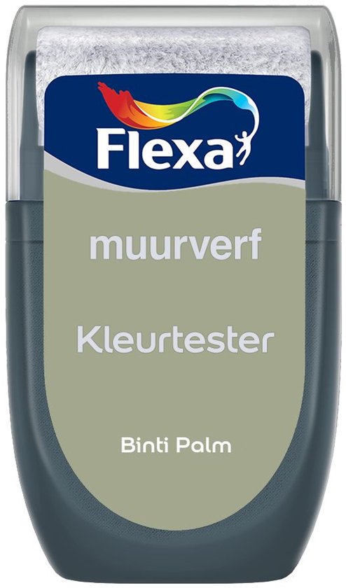 Flexa Kleurtester muurverf Binti Palm verpakking met groene en blauwe logo's.