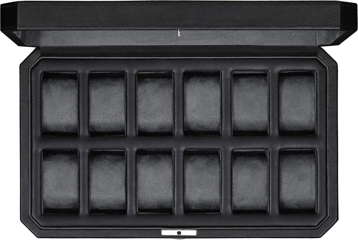 ROTHWELL 12-delige leren horlogebox - Luxe horlogekast display organizer, opbergboxen voor heren, grote glazen bovenkant (zwart-grijs)