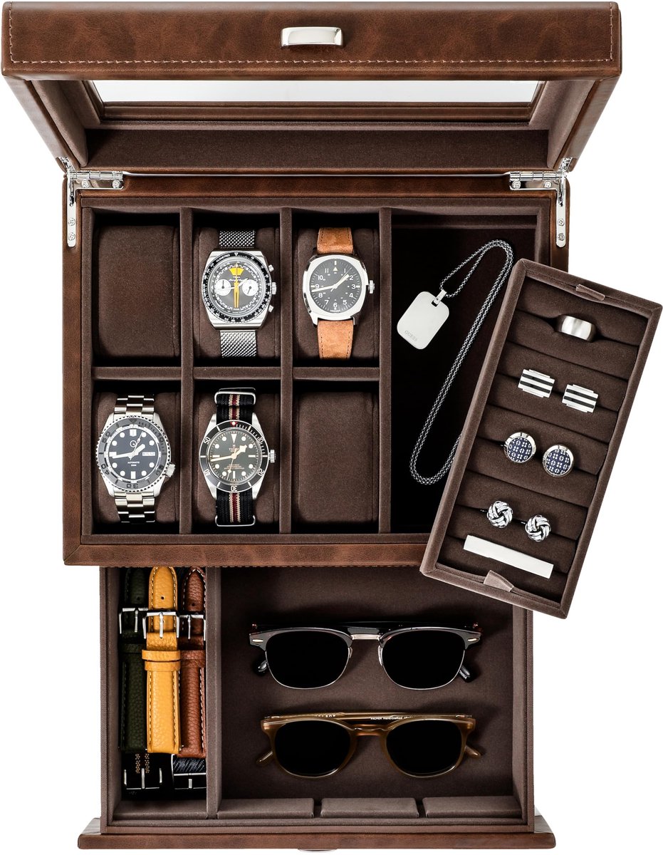 TAWBURY Horlogedoos voor 6 horloges - Multifunctionele sieradendoos voor heren | Opbergruimte voor brillen en horloges | Sieradenopberger (bruin)