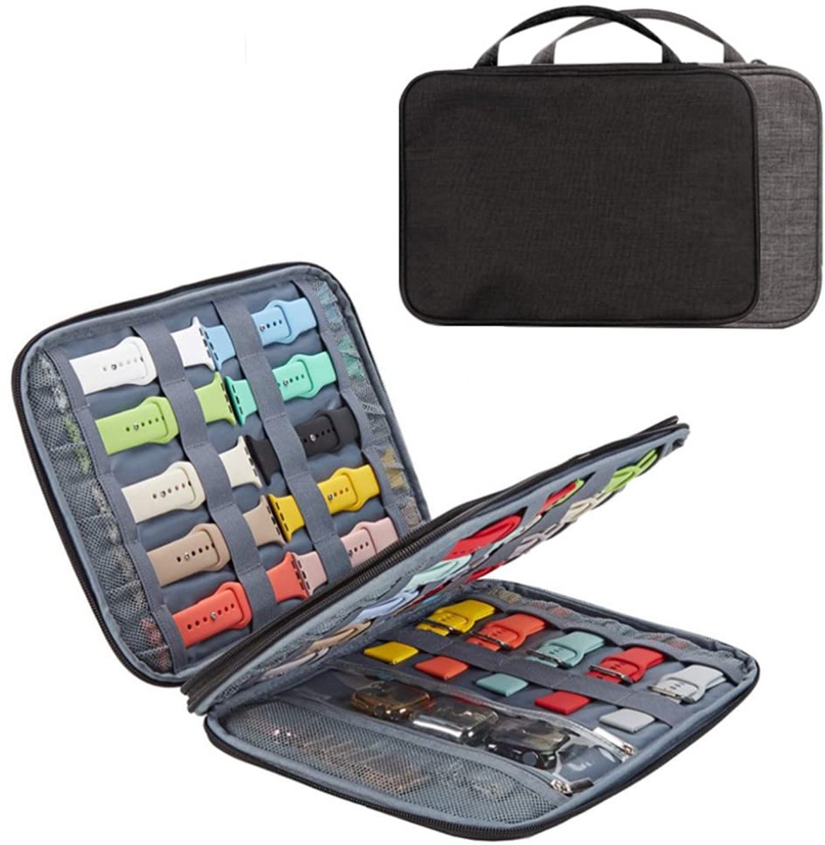 Eono Horlogebandorganizer, uitbreidbare opbergtas voor 35 bandjes, waterdichte nylon horlogebandjes, etui voor horlogebandjes, horloges, pennen en oplaadkabels, zwart