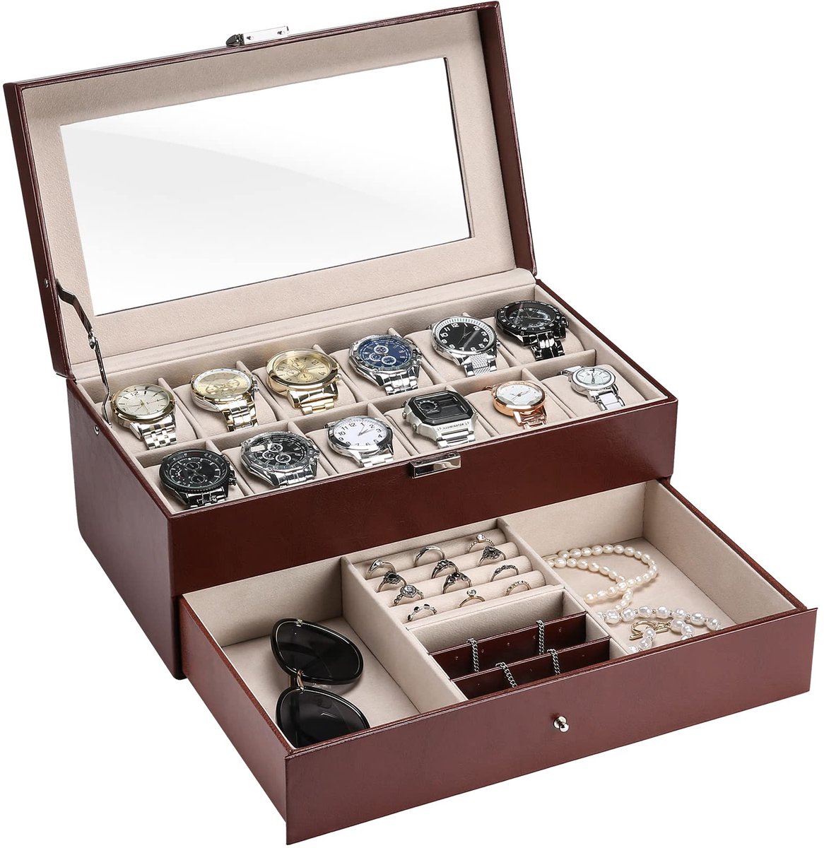 ProCase 2-laags horlogebox, sieradenhorloge opbergbox met glazen deksel, horlogebox, sieradendoos, horlogekast, 12 vakken en 1 lade voor horloges, ringen, armbanden - bruin