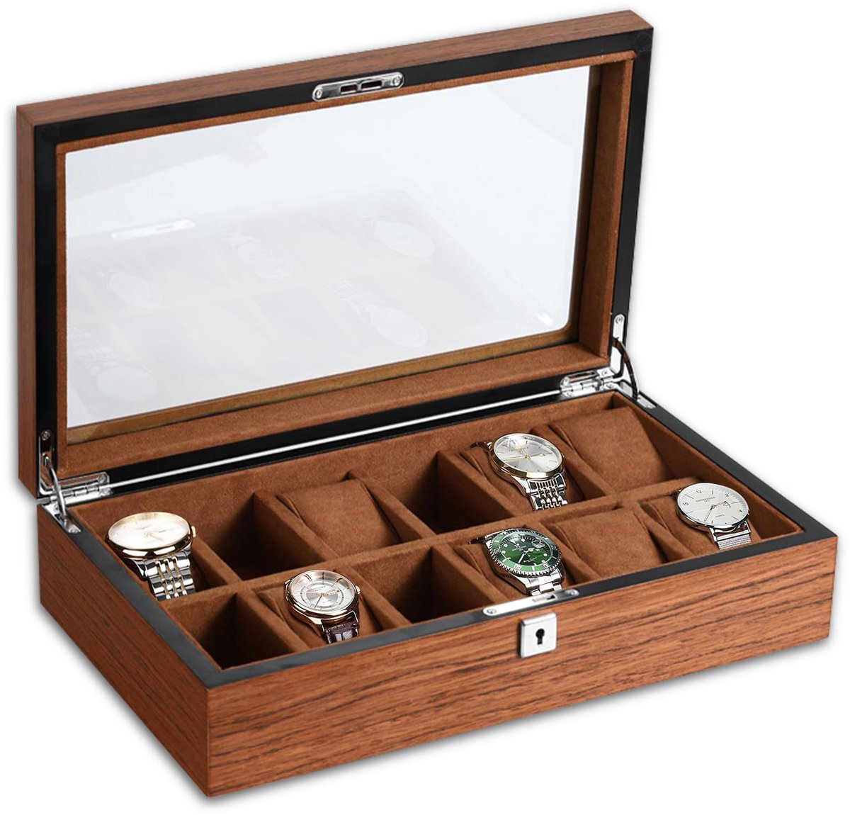 RoYiio Watch Box 12 Horloge Opbergdoos, Horlogedoos met Glazen Deksel, Horlogedoos met 12 Verwijderbare Horlogehouders, Premium Horlogekast Display Opbergorganizer Horlogekast Heren Meisjes Cadeau