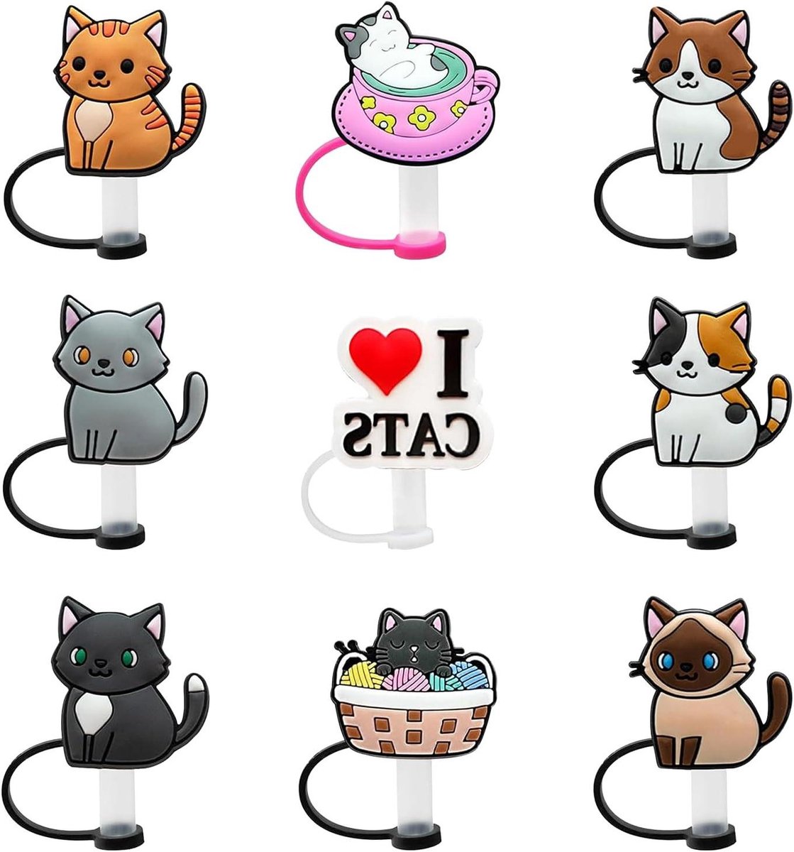 Beker voor katten - Set van 9 stuks met rietjesafdekking - Leuke accessoires voor kattenliefhebbers