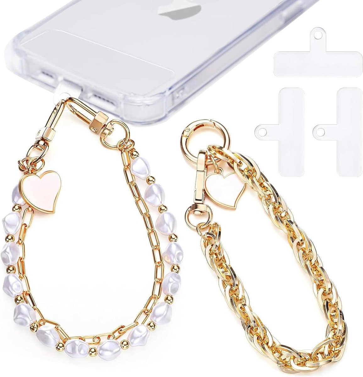 Telefoonketting met kralen en patches voor dames - set van 2 met 3 telefoonpatches