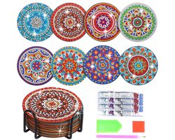Vecibel 8-delige Diamond Painting onderzetters met houder, DIY 5D Diamond Art schilderij Mandala Diamond Painting sets voor volwassenen, DIY Mandala onderzetters voor knutselen voor volwassenen, 15 * 12 * 6 cm