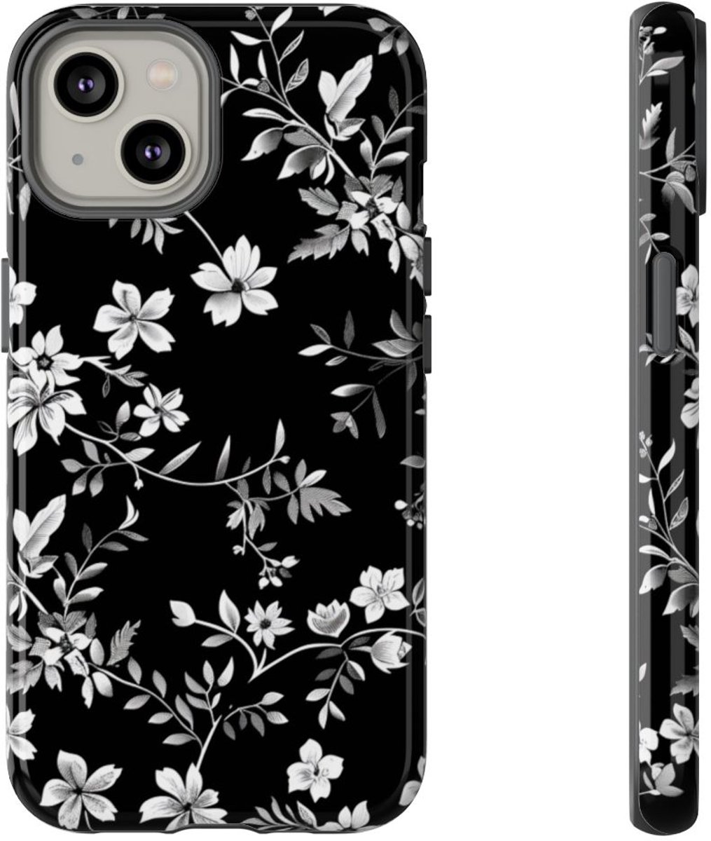 Zwart-Wit Bloemenpatroon – Telefoonhoesje Geschikt voor iPhone 14