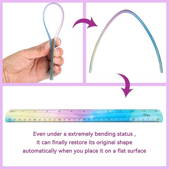 Grevosea 2 Piece Flexible Ruler Set - Colorful 30cm Plastic Shatterproof Soft Bendable Flat Ruler - Metric Straight For School Classroom, Kids And Adults — afbeelding 4
