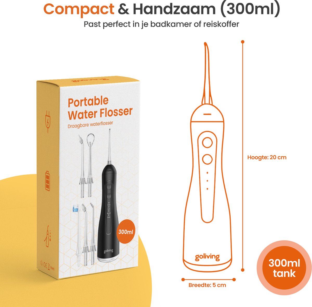 Goliving Waterflosser - 5 Opzetstukken - 4 Standen - Incl. Reistasje - Monddouche 300 ml - Elektrisch Flosapparaat - Draadloos & USB Oplaadbaar - Zwart thumbnail 5