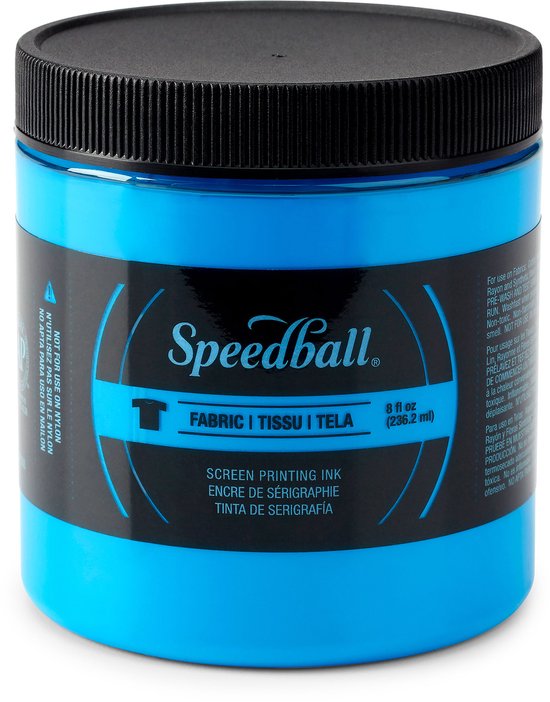 Pot bleu fluo avec couvercle noir, Speedball "Fabric Screen Printing Ink"