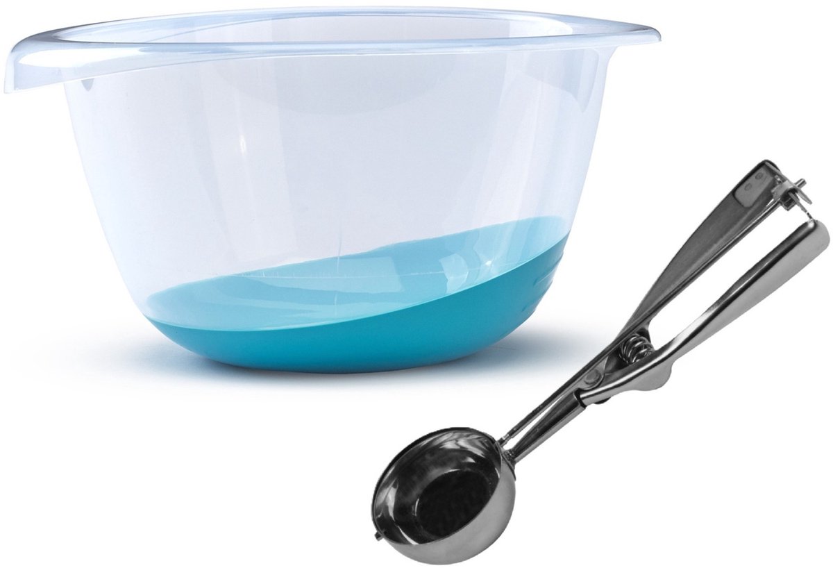 Whitefurze Oliebollen bakken set - Beslagkom van 6 liter - kunststof - met ijsbollen lepel van 23 cm