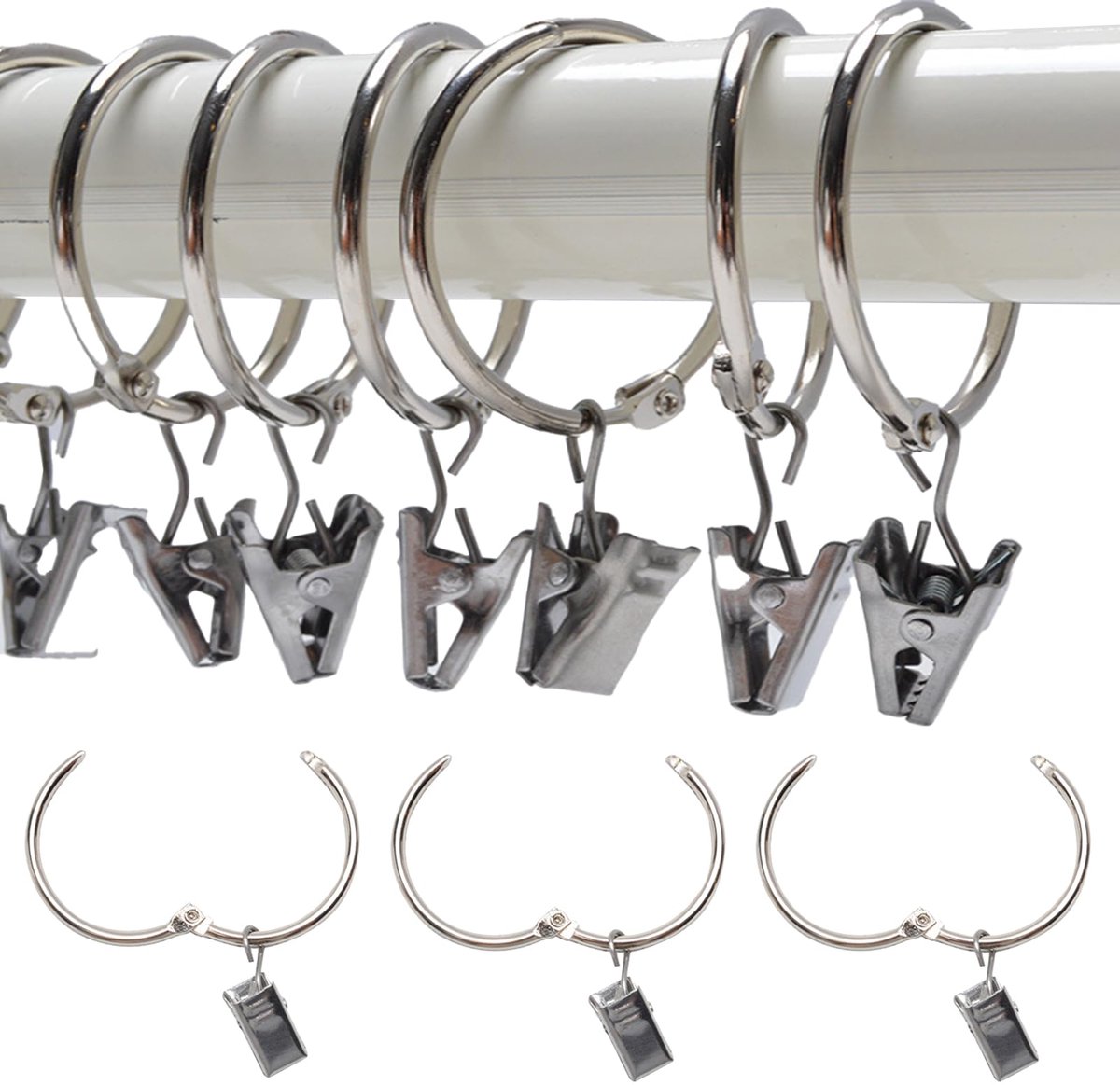 Gordijnringen met clips en haken - 40 stuks 30 mm - Voor gordijnroedes