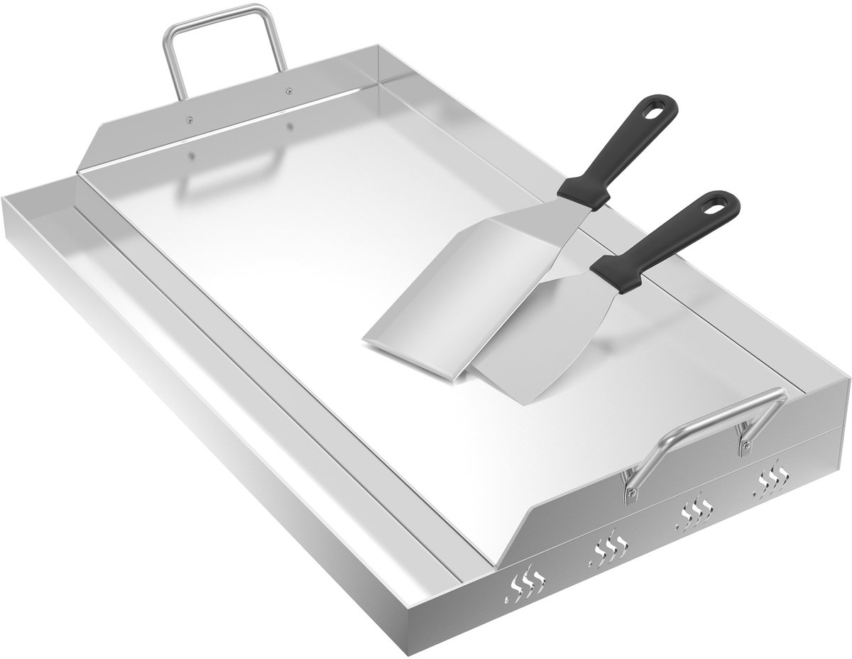 Aufun Bbq Grillplaat Met Handgrepen, Universele Grillplaat Van Roestvrij Staal Voor Gelijkmatige Warmteverdeling, Grillplaat Met Grillspatel, Geschikt Voor Houtskool- En Gasgrills, Zilver, 57X32X7 Cm