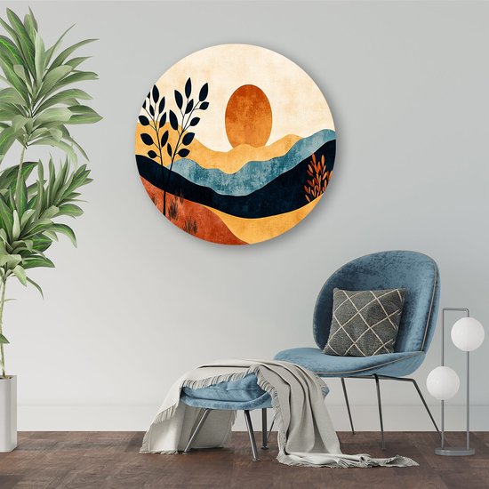 Paysage abstrait aux couleurs chaudes - Décoration murale coucher de soleil ronde - Décoration murale ronde paysage - Art abstrait - Cercles muraux Forex uniques - Mobilier de bureau élégant - Cercle mural forex 90x90 cm