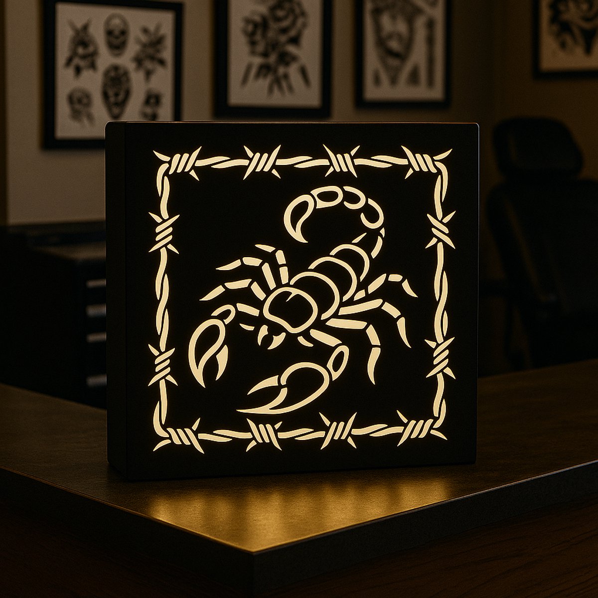 Schorpioen Tattoo Lightbox – Blackwork Style Barbed Wire Design | Leeslampje Kinderen | Ca