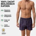 Man met donkerblauwe geruite boxershort. "100% zacht biologisch katoen". Elastische tailleband, gulp met knoop.