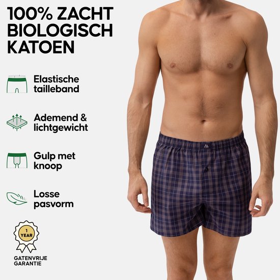 Man met donkerblauwe geruite boxershort. "100% zacht biologisch katoen". Elastische tailleband, gulp met knoop.