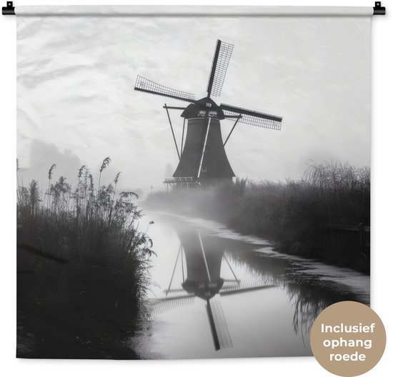 Wandkleed 90x90 cm - Wanddoek Molen - Weerspiegeling - Landschap - Water - Wandtapijt - Wandkleden