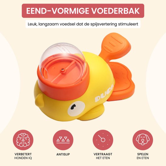 Gele eend speelgoed met oranje dop en staart. Iconen voor IQ, antislip, langzaam eten en spelen.