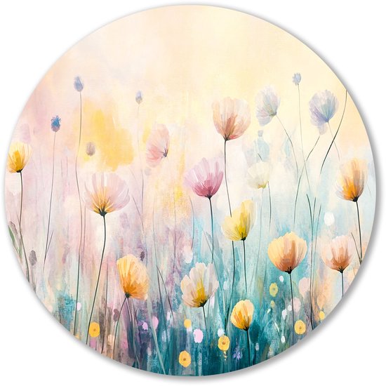 Zachte bloemen in pastelkleuren - Bloemen muurdecoratie rond - Wandobject rond natuur - Impressionisme - Muurcirkels van Forex - Woonkamer schilderijen - Muurcirkel forex 60x60 cm