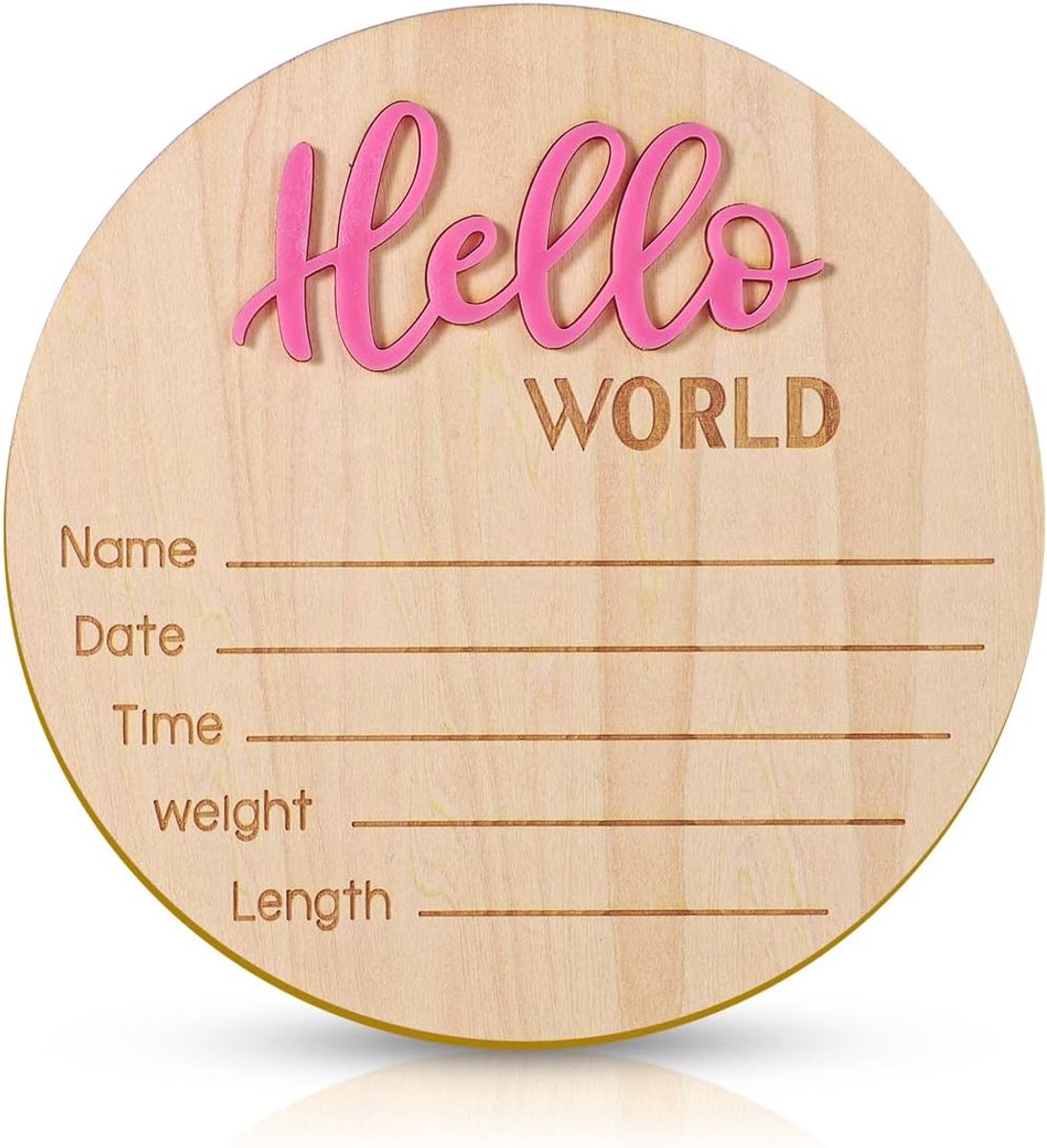 Allecto plus - Houten Babyaankondigingsbord 15 cm Hello World Roze Geboorte Fotorekwisieten Babyshower