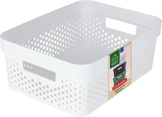 Witte Curver Infinity opbergbox met ronde perforaties en handgrepen, met recycle-label.