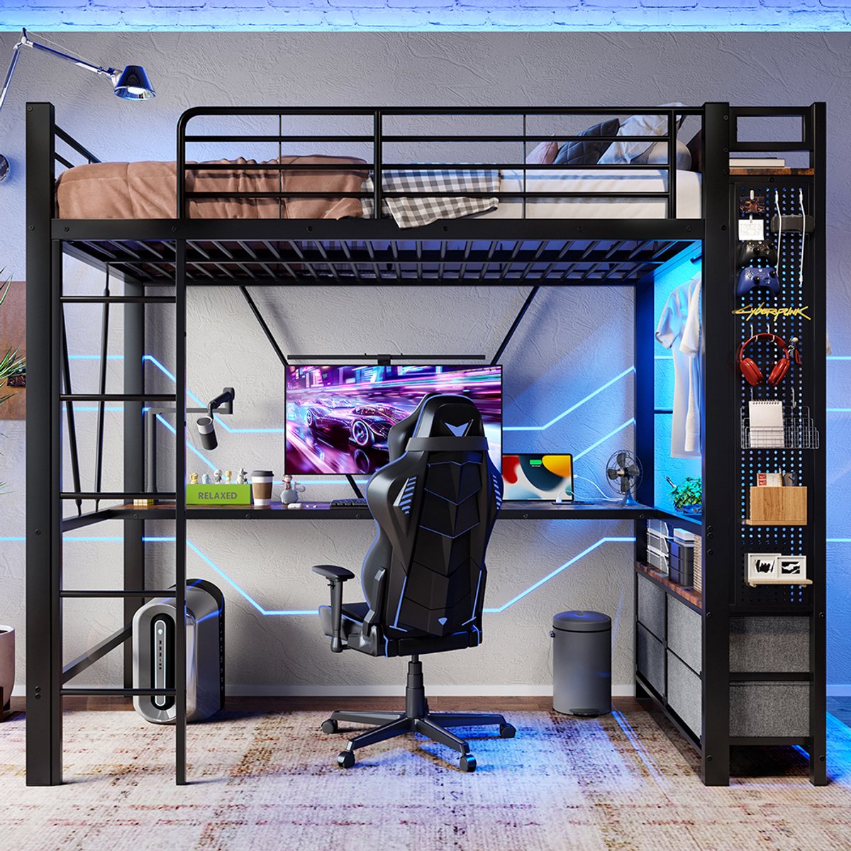 KOMHTOM Hoogslaper, 90 x 200 cm, ijzeren frame met bureau, met droogrek, met planken, 4 lades, met USB-aansluiting + TYPE-C, LED-strip, leuning, ladder, met plank met gaten, zonder matras, zwart