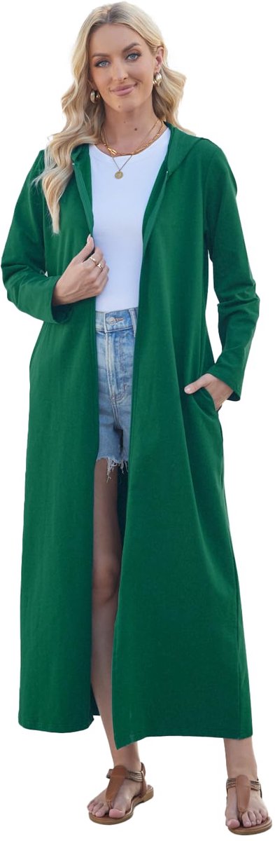 Dames Ochtendjas - Lichtgewicht Lange Badjas met Ritssluiting en Capuchon - Van Katoen - Groen XL