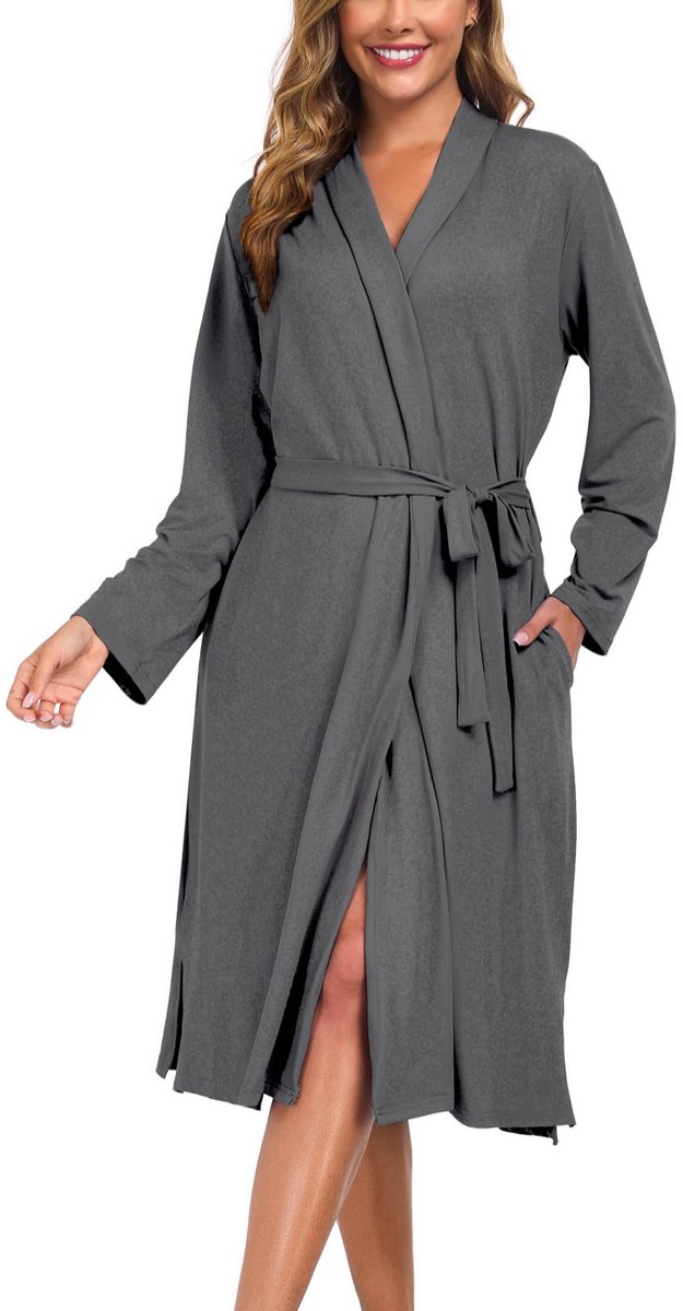 Dames Badjas - Lang Lichtgewicht en Zacht - Met V-hals, Lange Mouwen en Zakken - Voor Sauna, Spa, Reizen en Loungewear