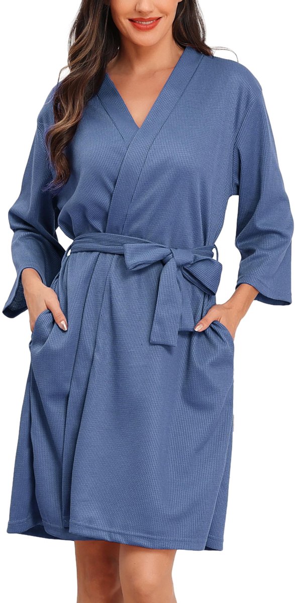 Dames Badjas - Wafelpiqué - 3/4 Mouwen - Knielang - Met Ceintuur en Zakken - Blauw - Maat M