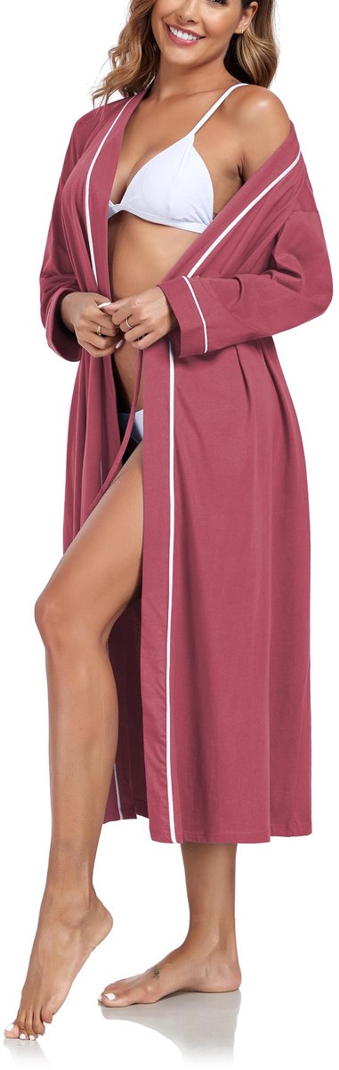 Dames Morgenmantel - Lang - Van Katoen - Lichtgewicht - Kimono Stijl - Met Lange Mouwen en Zakken - Voor Thuis en Sauna - Violetrood, Maat M
