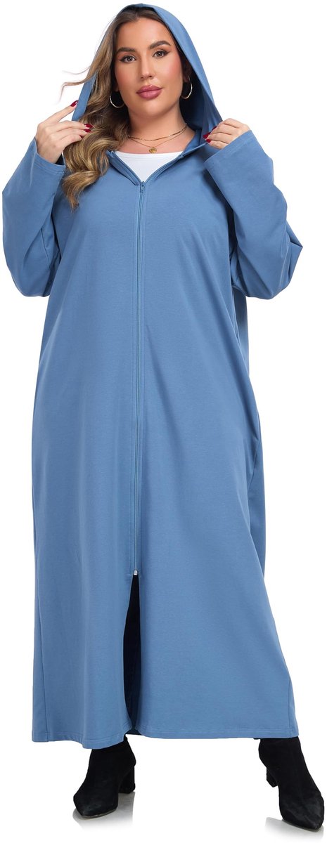 Dames Morgenmantel - Met Capuchon en Ritssluiting - Van Dunne Katoen - Lichtgewicht - Lang - Comfortabel - Grote Maten - Blauw