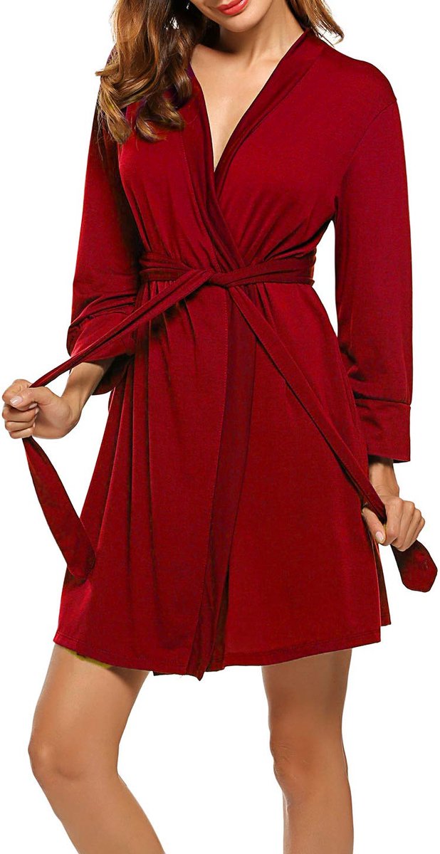 Dames Kimono Badjas - Kort - Dun - Katoen - Met 3/4 Mouwen en V-hals - Rood S