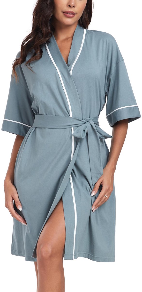 Dames Badjas - 100% Katoen Lichtgewicht Kimono-stijl - Ochtendjas Saunajas - Kniehoogte - Kadettenblauw - Maat S
