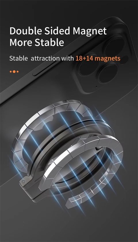 Gedetailleerde weergave van de dubbelzijdige magnetische zuigkracht van een zilverkleurige telefoonringhouder op een iPhone.