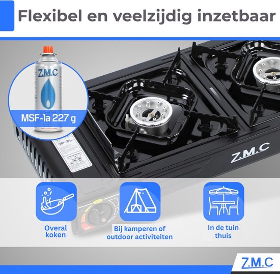 Z.M.C Premium campinggasfornuis met 2 pitten + grillplaat 45x24 cm + gaspatronen 227 g, campingfornuis met ontstekingsbeveiliging voor buiten en binnen, balkon tafel dubbel gasfornuis met piëzo-ontsteking van Z.M.C — afbeelding 2