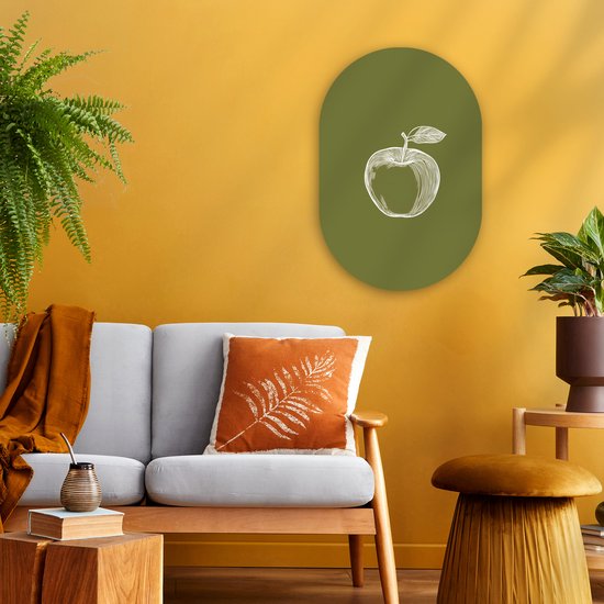 Muurovaal 40x60 cm - Ovale wanddecoratie Lijntekening - Appel - Olijfgroen - Blaadje - Ovalen schilderij - Muurdecoratie woonkamer - Kamer decoratie - Schilderijen - Wandcirkel