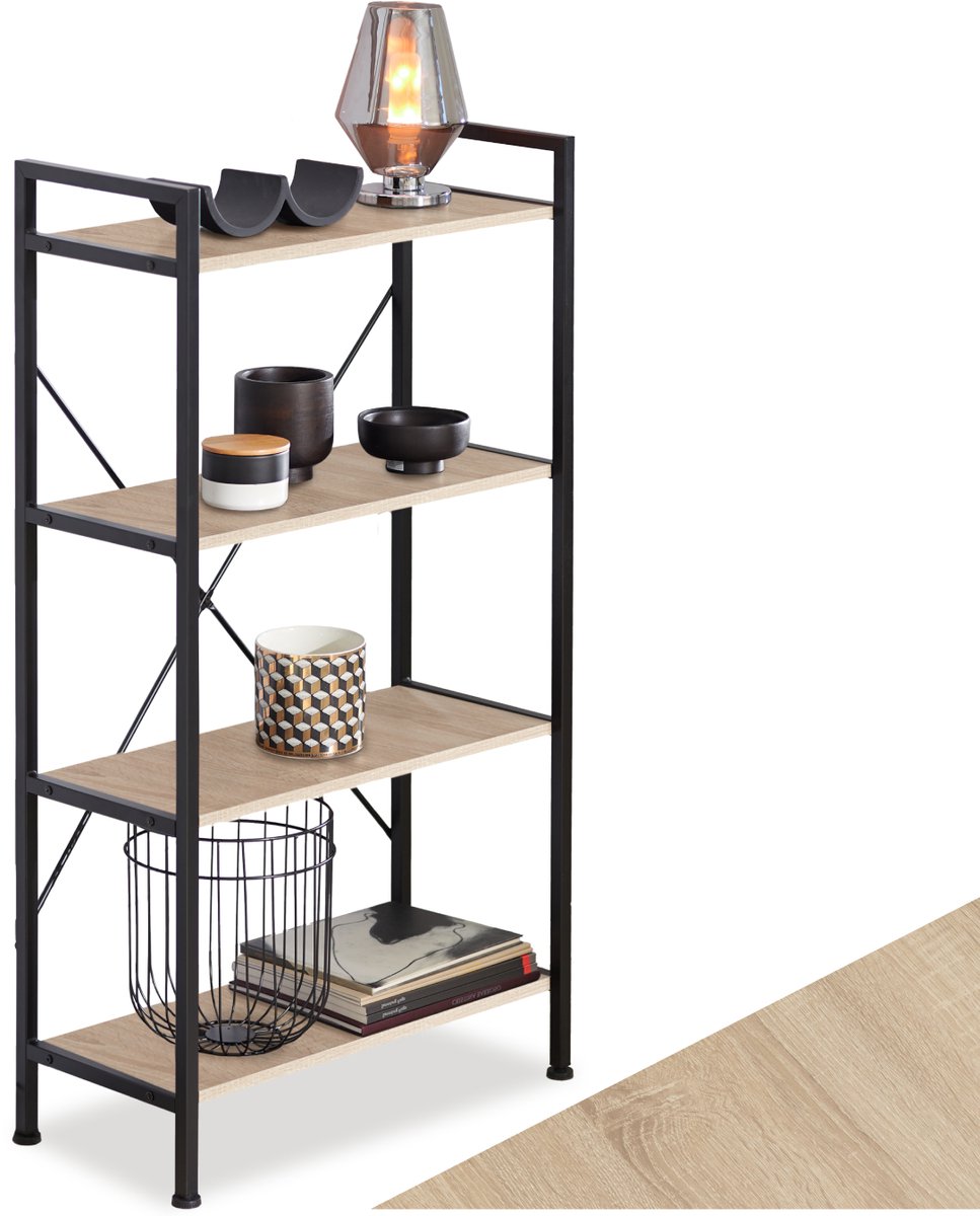 tectake® Boekenkast met 4 Niveaus - Stevige Staande Plank in Industrieel Design - Zwart Metalen Frame, Vintage Houten Plank - 67,5 x 31,5 x 121,5 cm - (Licht Hout, Sonoma Eiken)