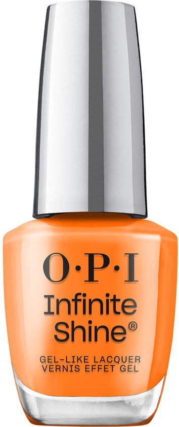 O.P.I. Infinite Shine flesje nagellak in een heldere oranje kleur met zilverkleurige dop.