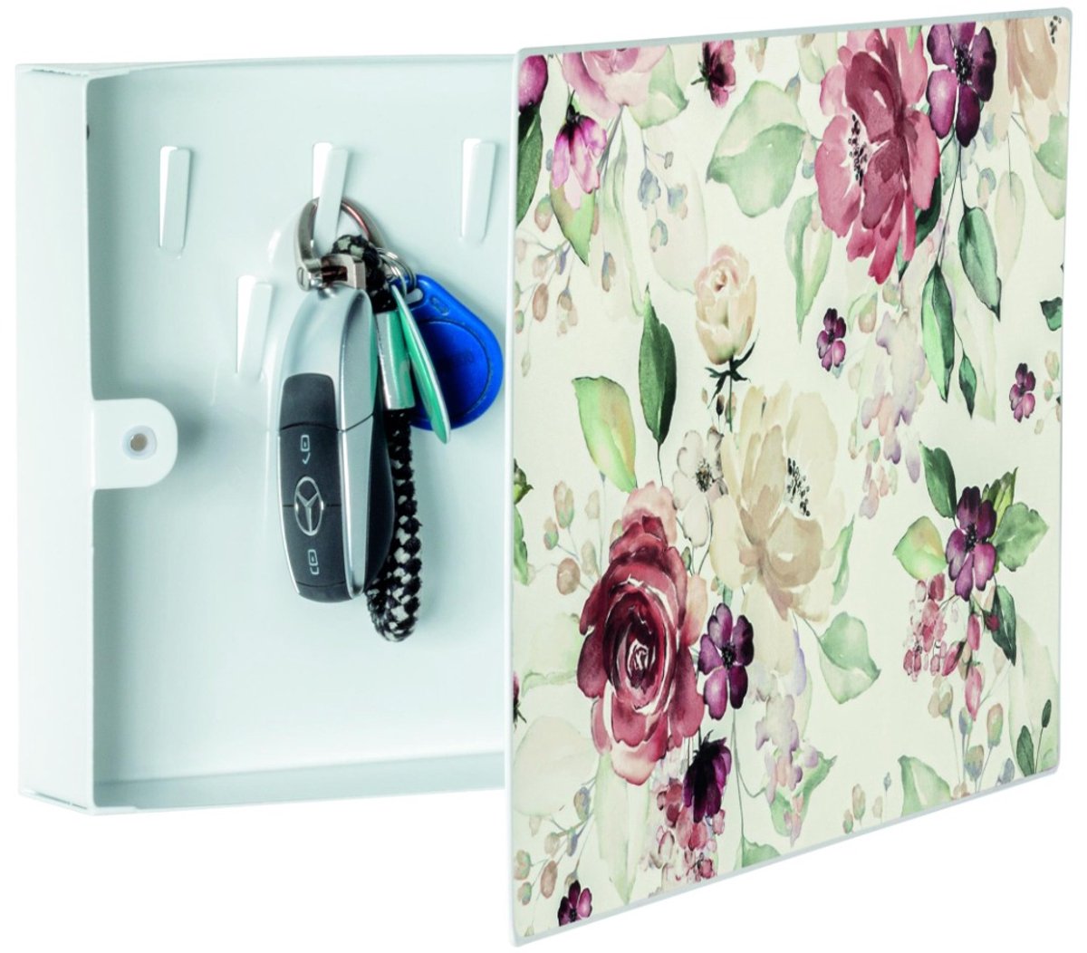 Sleutelkast – Wit metaal met bloemmotief – 9 haken – 28 cm breed, 19 cm hoog