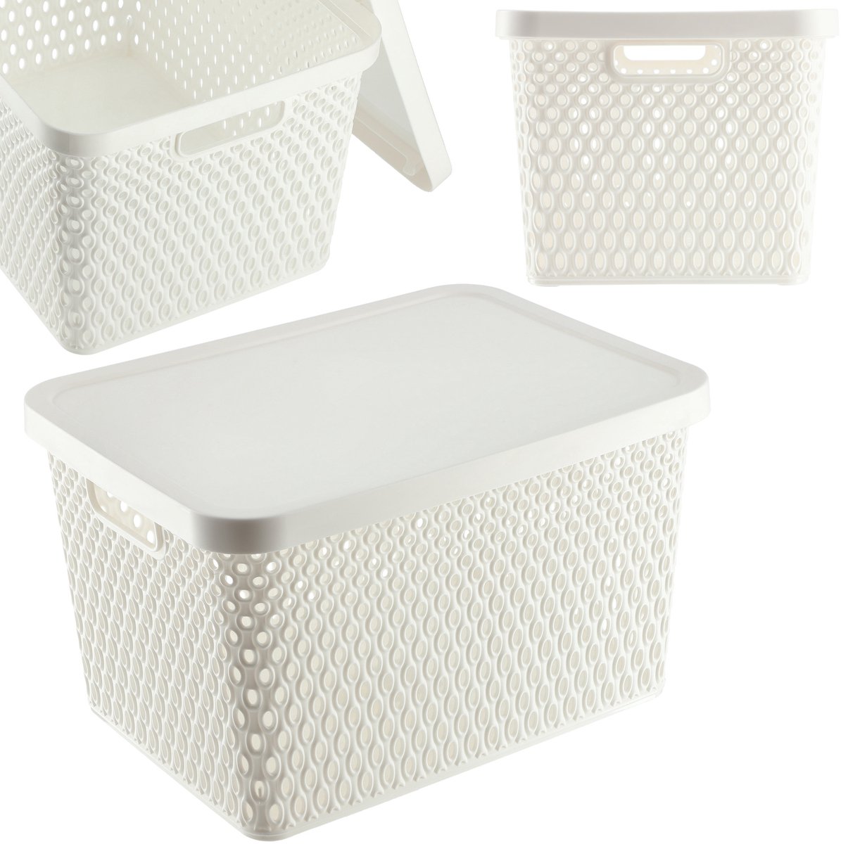 KADAX Opbergmand, mand met deksel, opbergkist, opbergdoos van plastic, moderne plankmand, container met ventilatiegaten (18 l, wit)