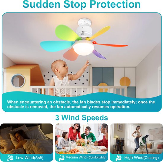 Plafondlampen met Ventilator - 3 kleurtemperatuurverlichting - Doorsnede 52 cm Ventilator Lamp met Afstandsbediening - 40W Plafondventilator met Dimbare LED Lamp - 1/2/4 uur Tmerfunctie - Beschikbaar in Voor Slaapkamer, Woonkamer, Garage enz(Kleur) van Rosnek — afbeelding 4