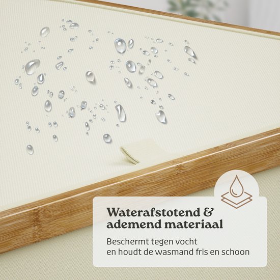 Close-up van het waterafstotende en ademende materiaal van de crèmekleurige wasmand met bamboe rand.