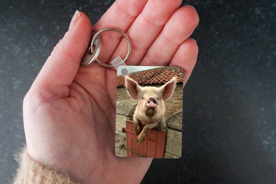 Porte-clés Cochon - Porte-clés cochon rose en plastique - Porte-clés rectangulaire avec photo