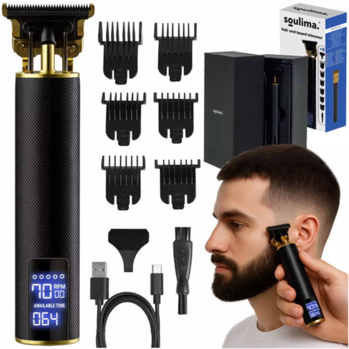 Soulima draadloze haar- en baardtrimmer – 3 snelheden en LCD-display – 6 opzetkammen, USB-C opladen