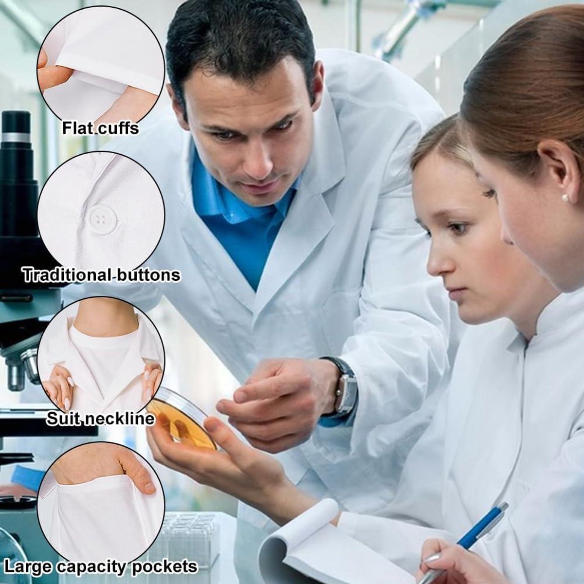 Witte katoenen laboratoriumjas met knopen en 3 zakken voor dames en heren - Medisch en chemie labjas - Uniseks doktersjas voor laboratoriumwerk en studie
