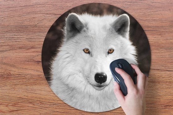 Muismat rond 50x50 cm - Mousepad Wolf - Wit - Portret - Ronde muismatten