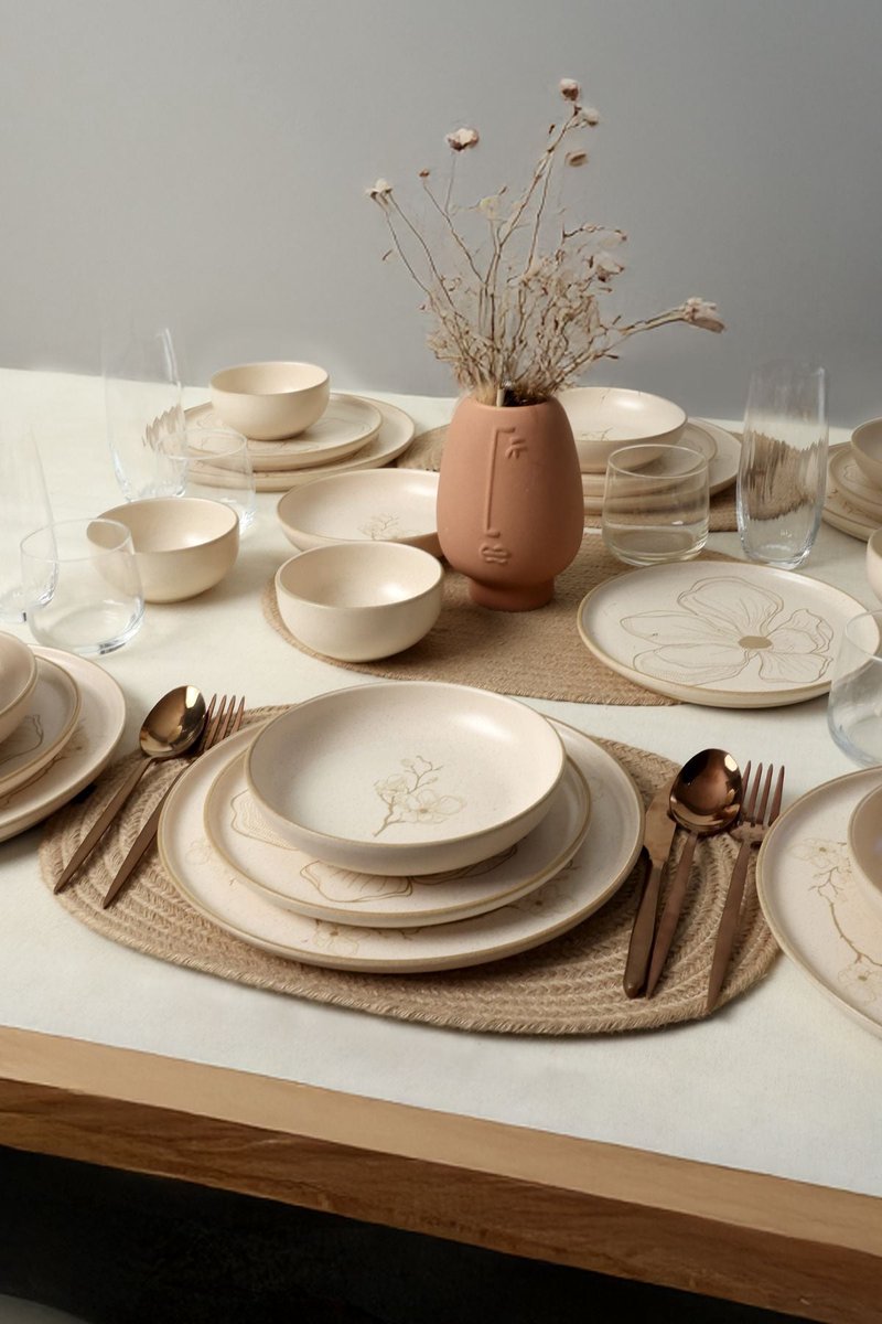 Keramika Serviesset - Taupe Bloom Nordıc - 24 delig - 6 persoons - Stoneware