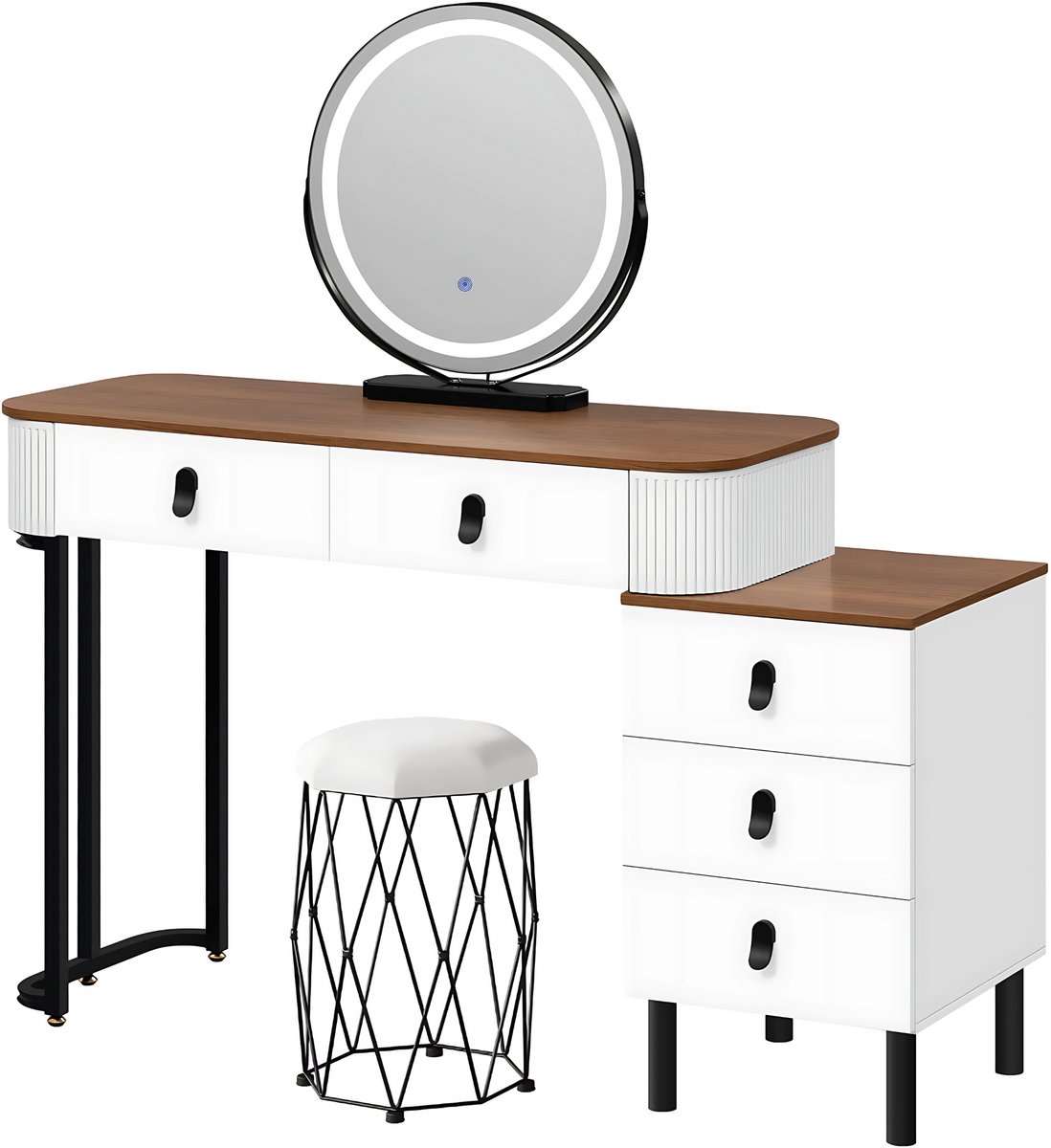 Happiq Kaptafel met LED-verlichting - Make-up tafel - Voor Slaapkamer - 3-delige Verstelbare Lichtintensiteit - Inclusief Mobiele Spiegel & Zijkast van Bruin