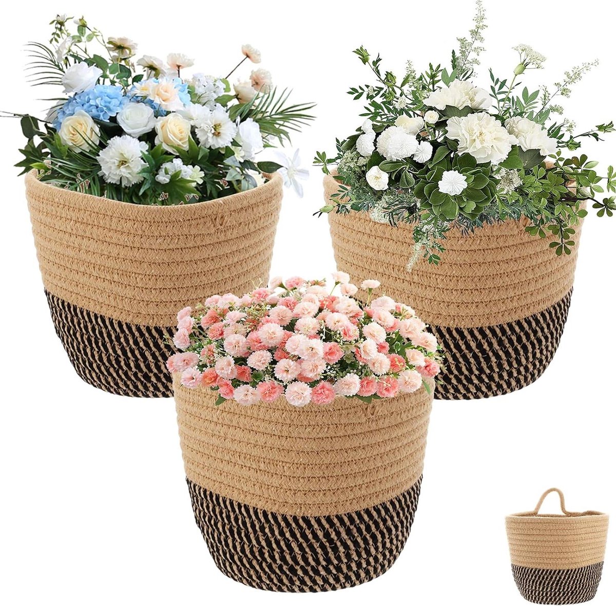 Vlechtwerk opbergmanden van katoenen touw 16 x 15 cm - hangmanden voor keuken, badkamer, woonkamer (set van 3)