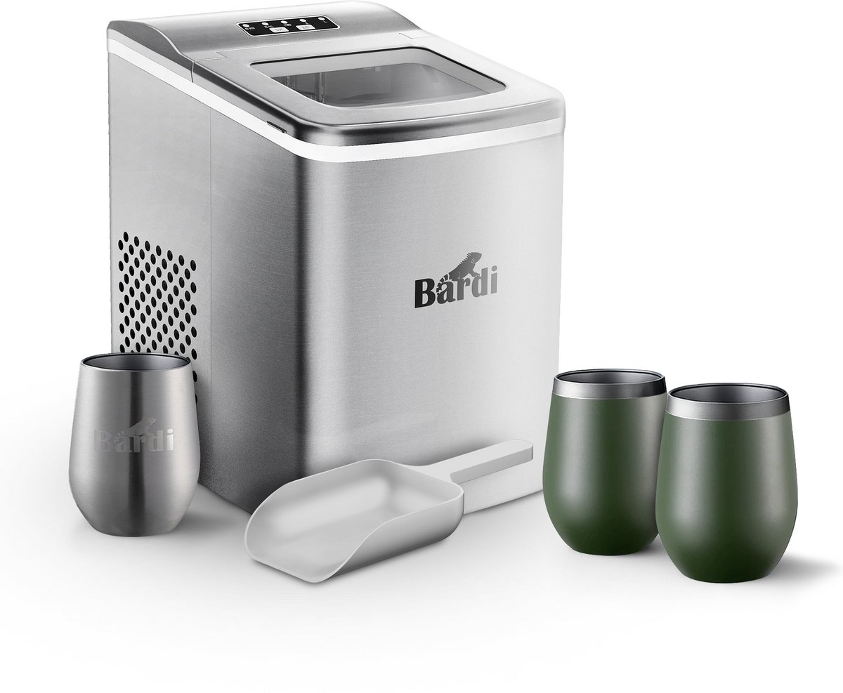 Bardi IJsblokjesmachine Set - 2 Liter RVS - 12KG IJsblokjes in 24 uur - met IJsschep - Inclusief 3 Luxe Thermosbekers en Ijsschep - Groen